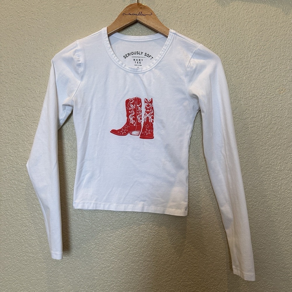 Aeropostale Seriously Soft Baby Tee White Long Sleeve Red Cowboy Boots XS